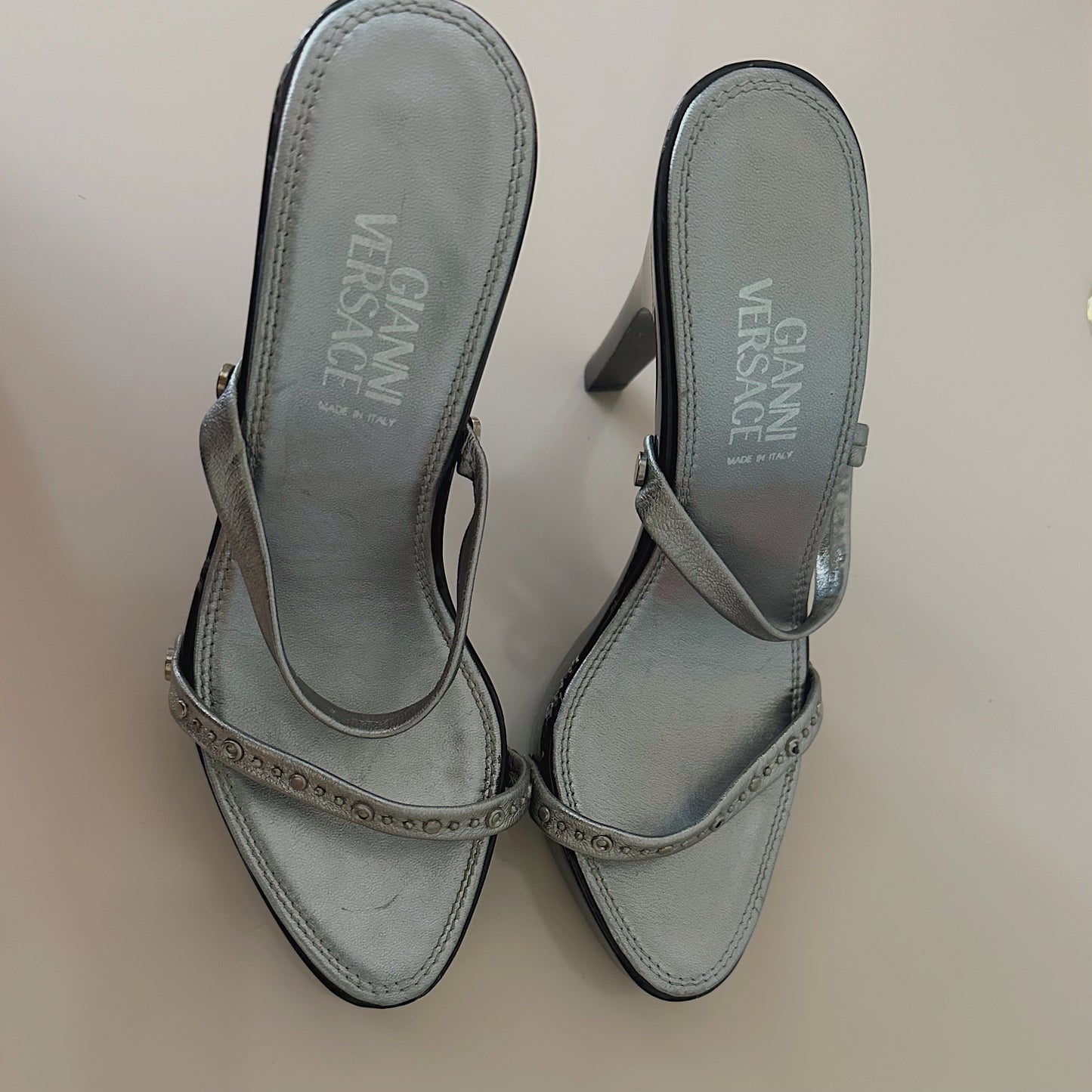 Gianni Versace Silver Heeled Sandals / SZ 5.5