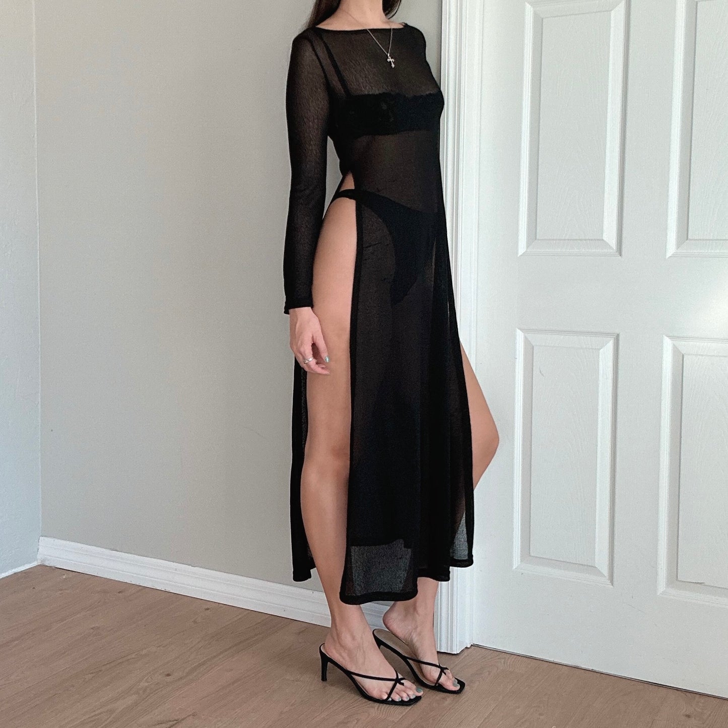 90's Black Knit Sheer Slit Dress / SZ S/M