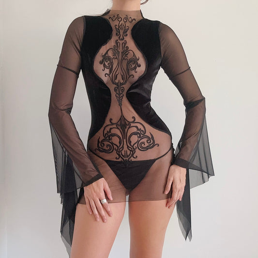 Black Embroidered Mesh Velvet Mini Dress / SZ S/M