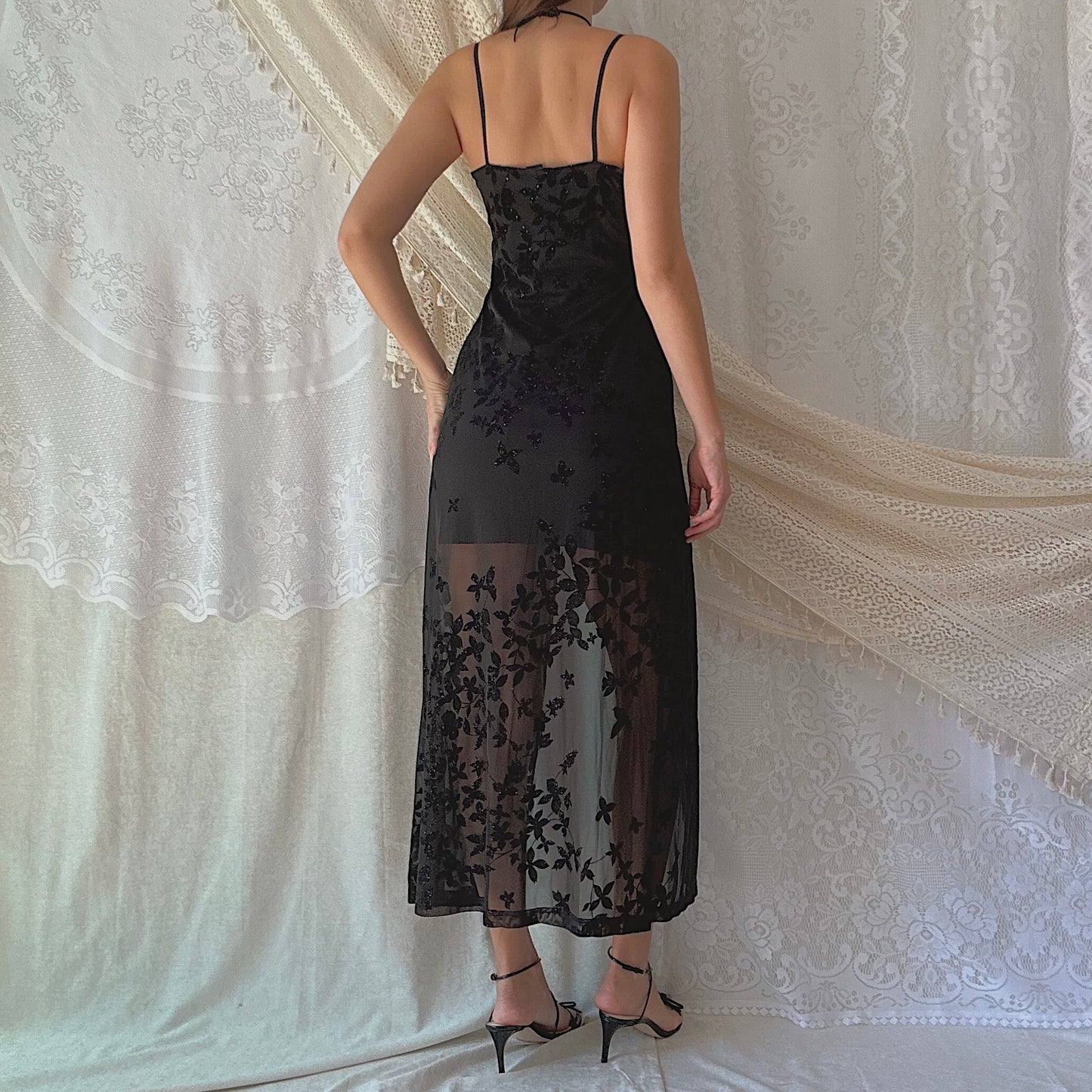 Y2K Black Floral Sparkle Open Dress / SZ M