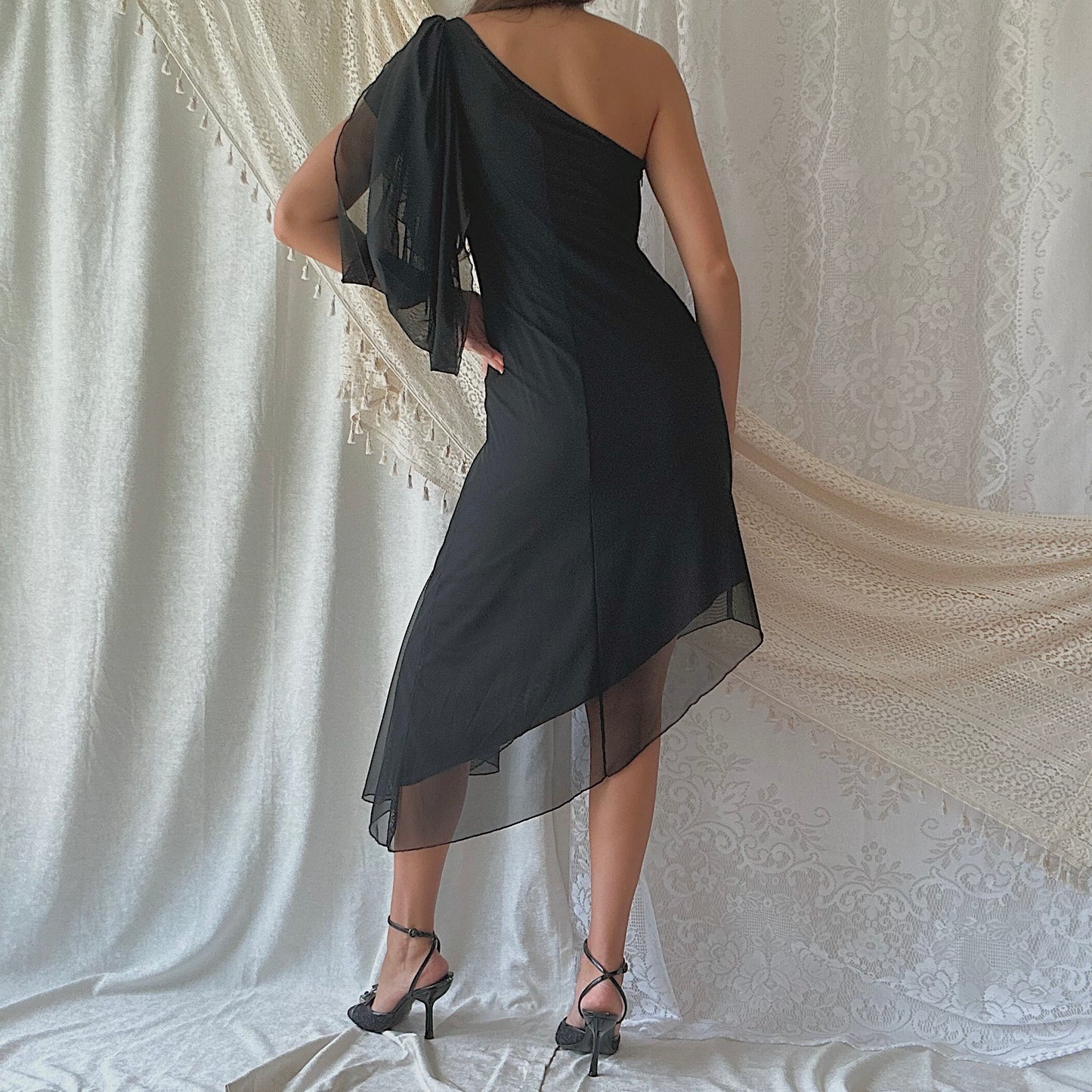 90's Black Mesh One Shoulder Dress / SZ M