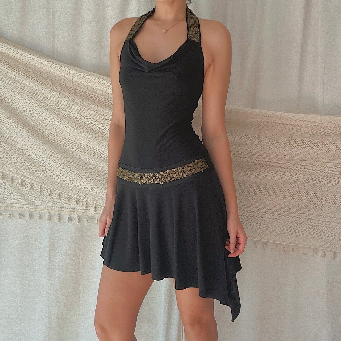 Y2K Black & Bronze Sequin Halter Dress / SZ S