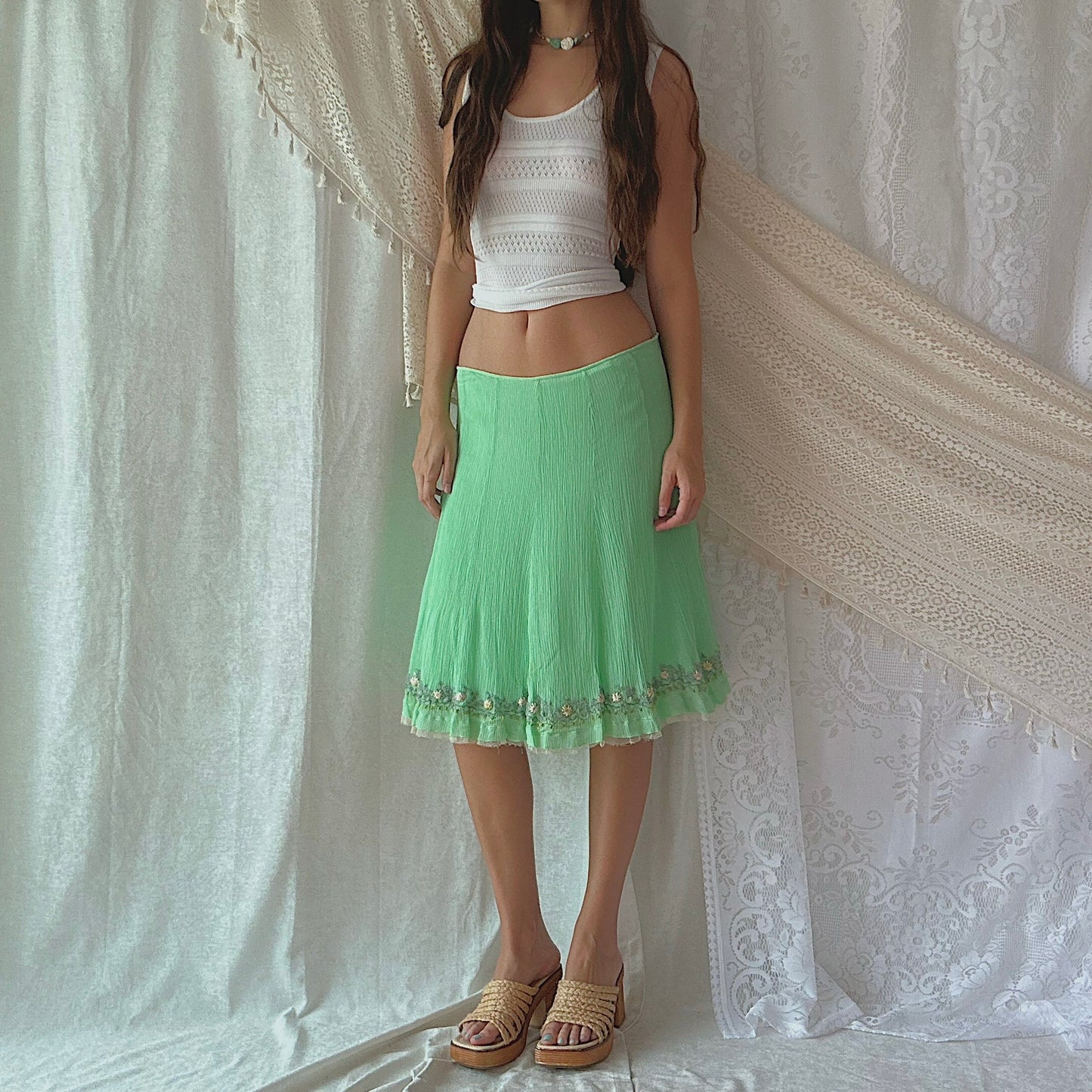 Y2K Seafoam Silk Embroidered Midi Skirt / SZ L
