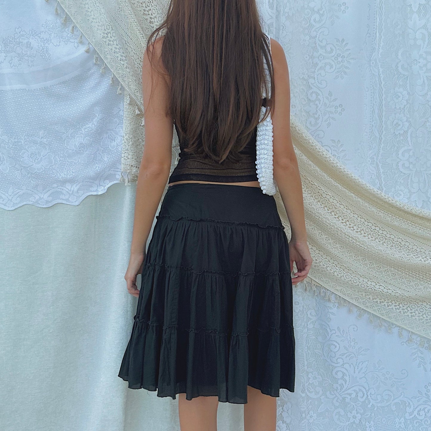 Y2K Black Cotton Tiered Midi Skirt / SZ 4