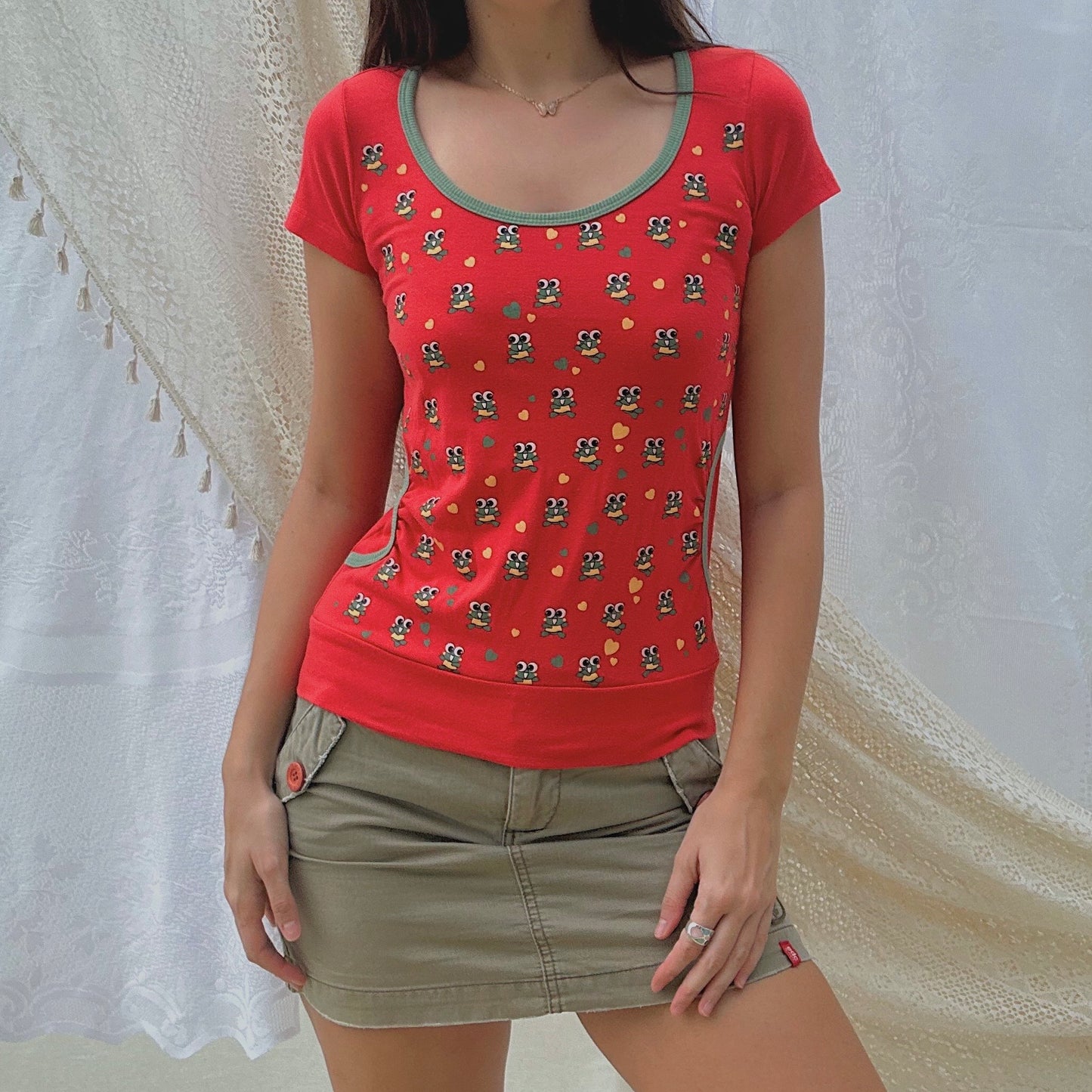 Y2K Red Printed Frog Tee / SZ S
