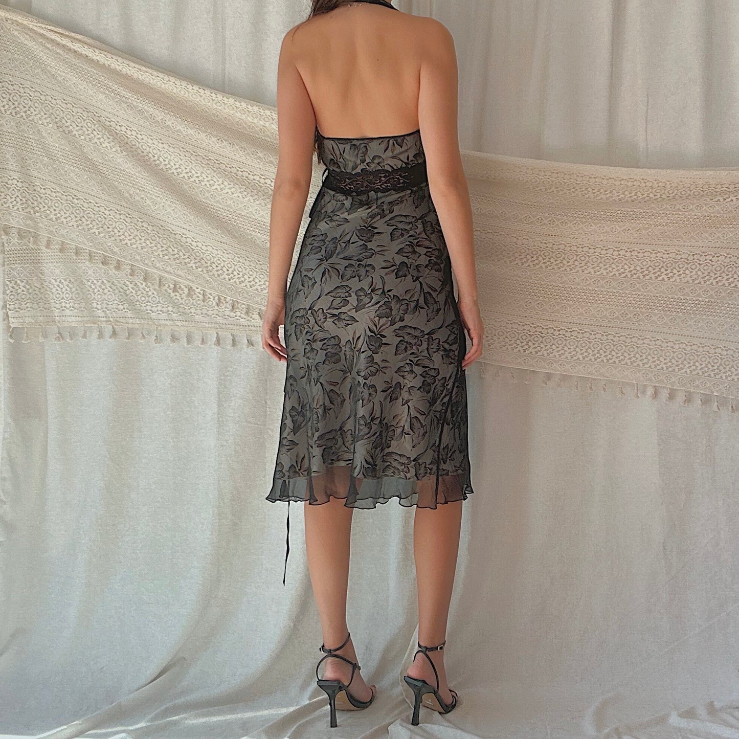 Y2K Laundry Black Silk Printed Halter Dress / SZ 2