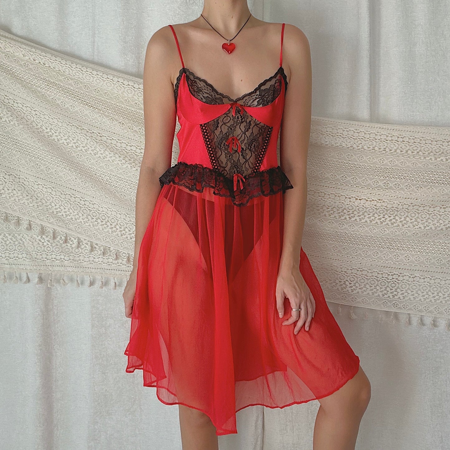 90's Red & Black Lace Nighty / SZ M