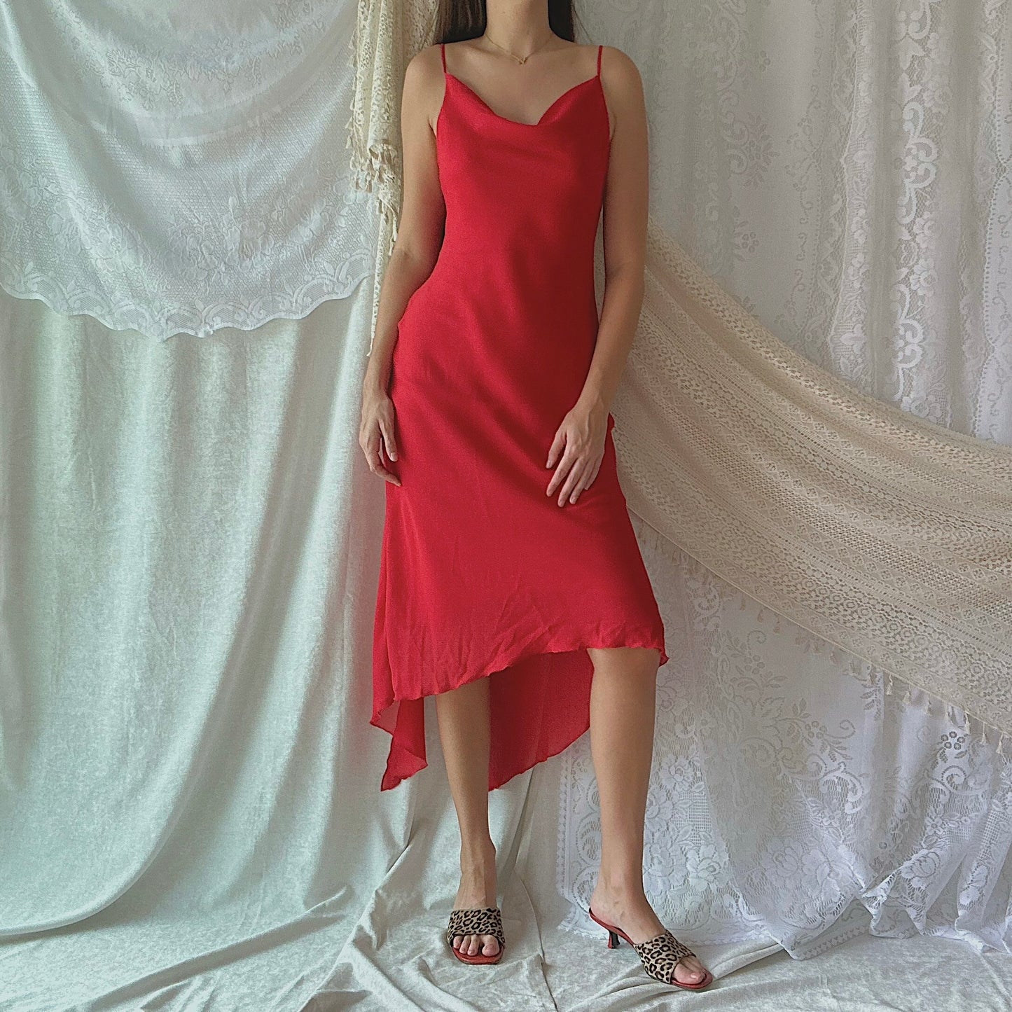 90's Red Chiffon Draped Dress / SZ M