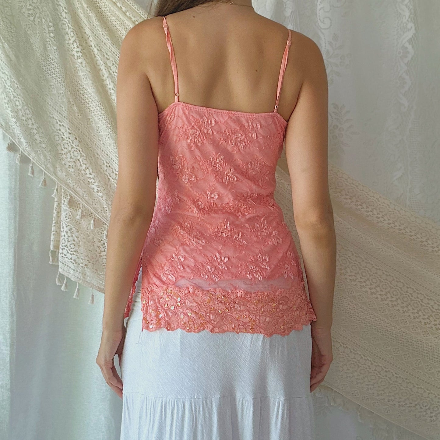Y2K Bubblegum Pink Lace Sequin Tank / SZ M