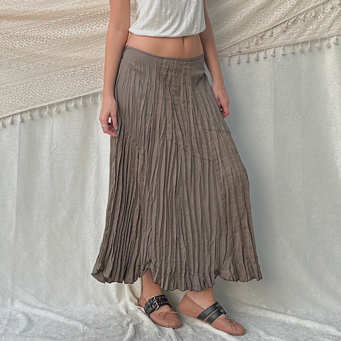 Y2K Taupe Plaid Pleated Maxi Skirt / SZ 8