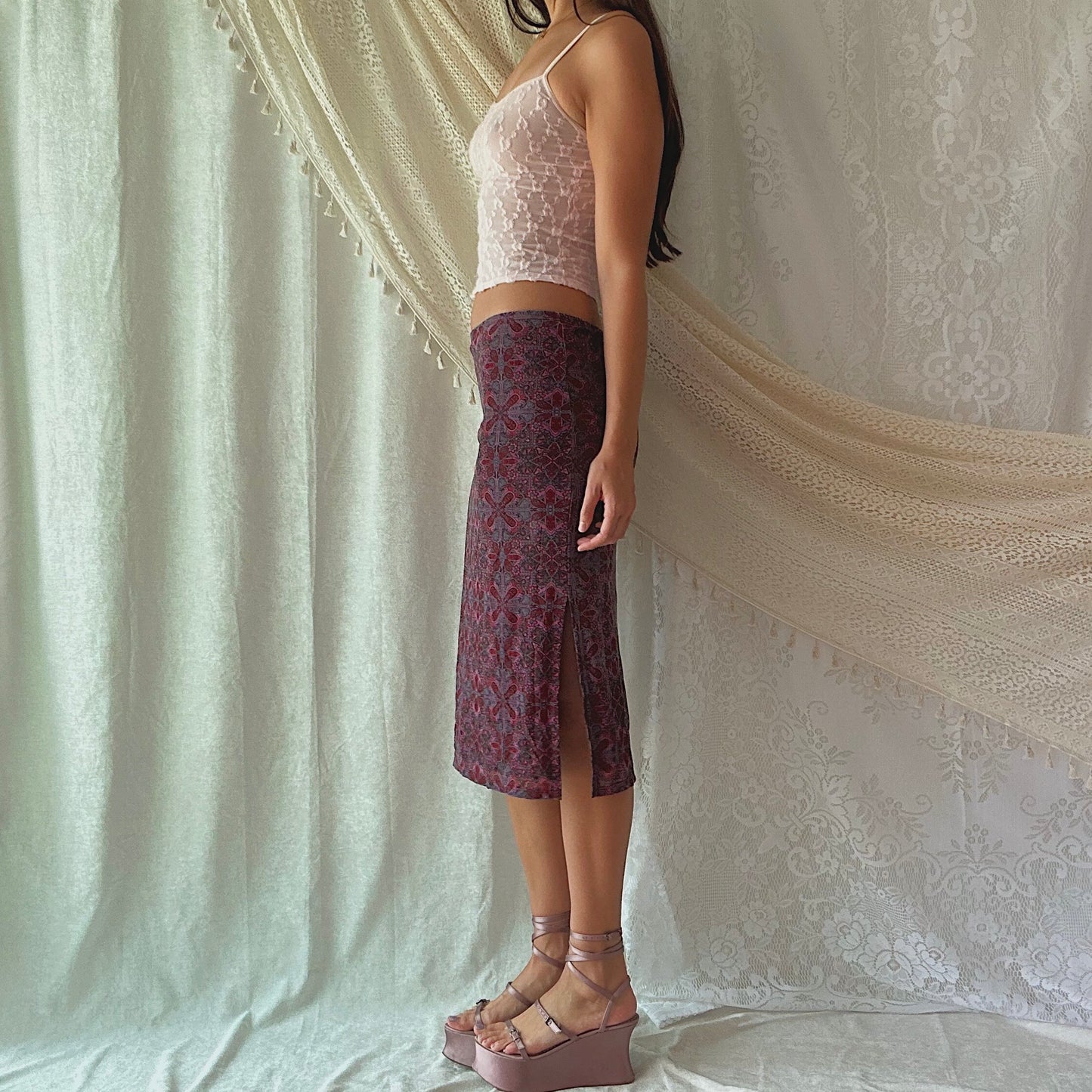 90's Maroon Printed Mesh Midi Skirt / SZ S-M