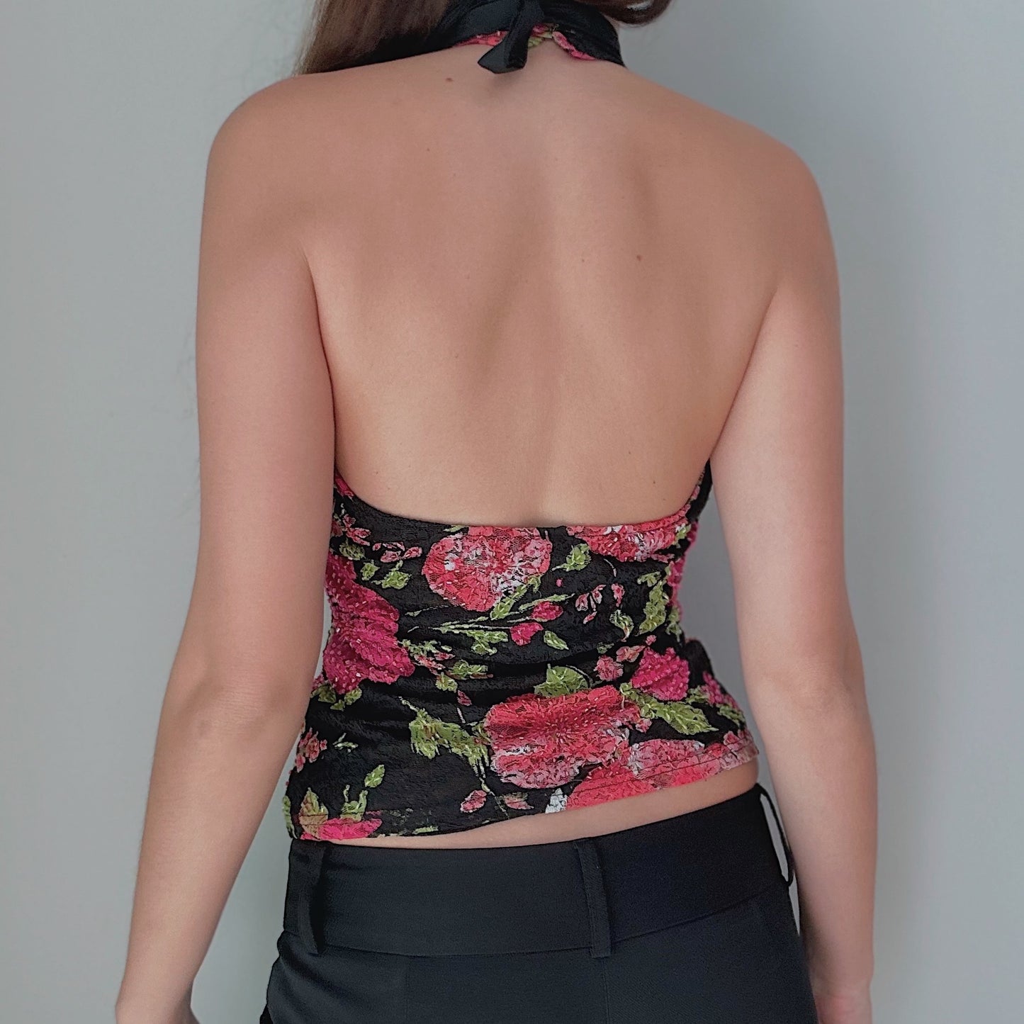 Y2K Cache Black & Pink Lace Halter / SZ M