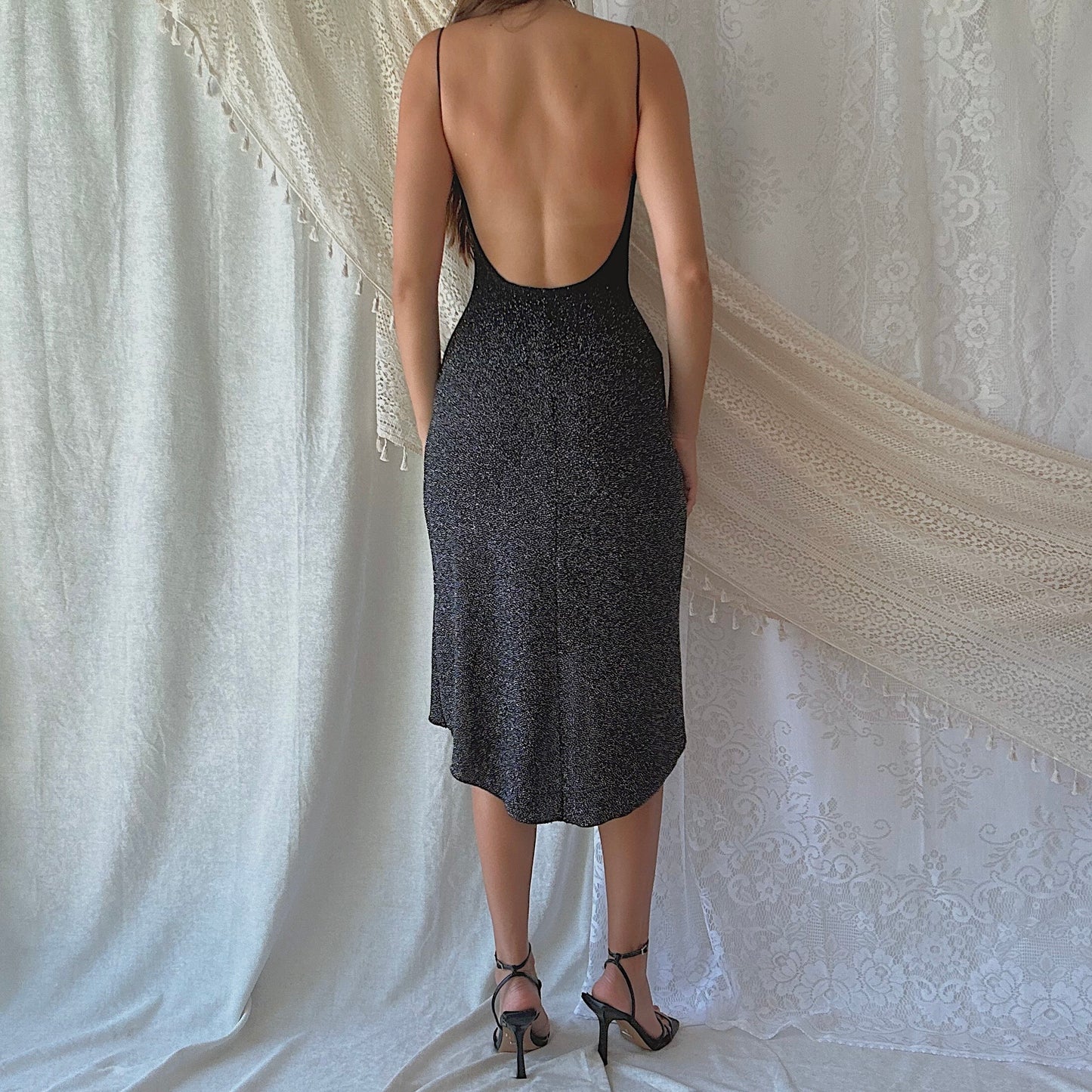 90's Black Glitter Backless Midi Dress / SZ S