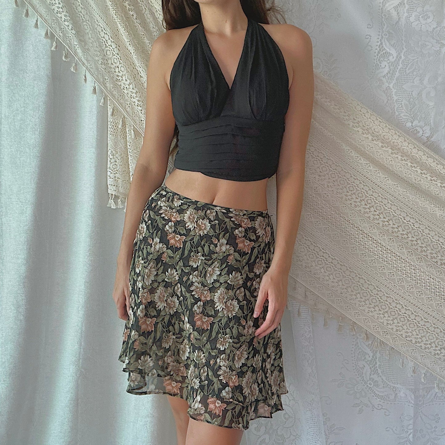 90's Black Floral Chiffon Midi Skirt / SZ 4