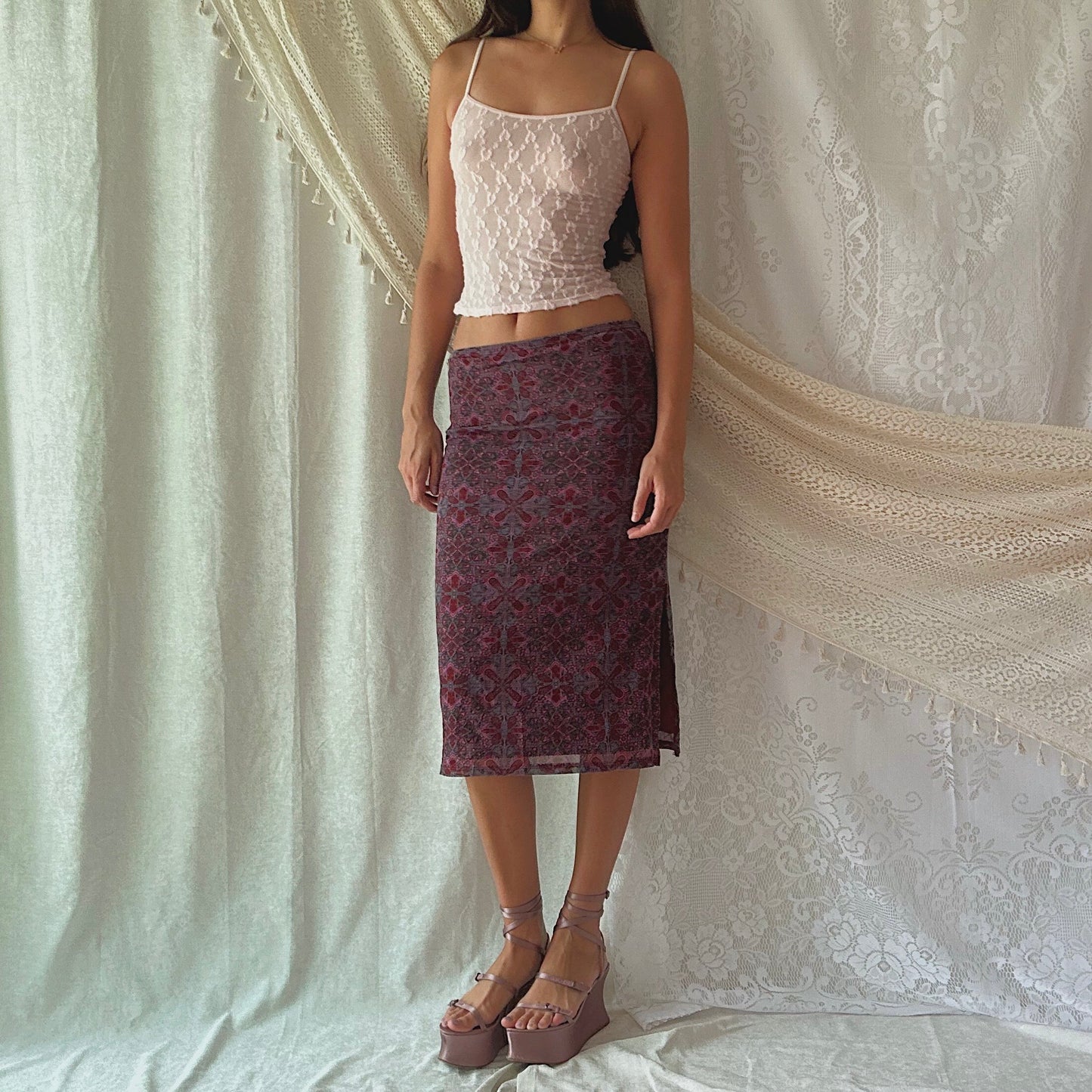 90's Maroon Printed Mesh Midi Skirt / SZ S-M