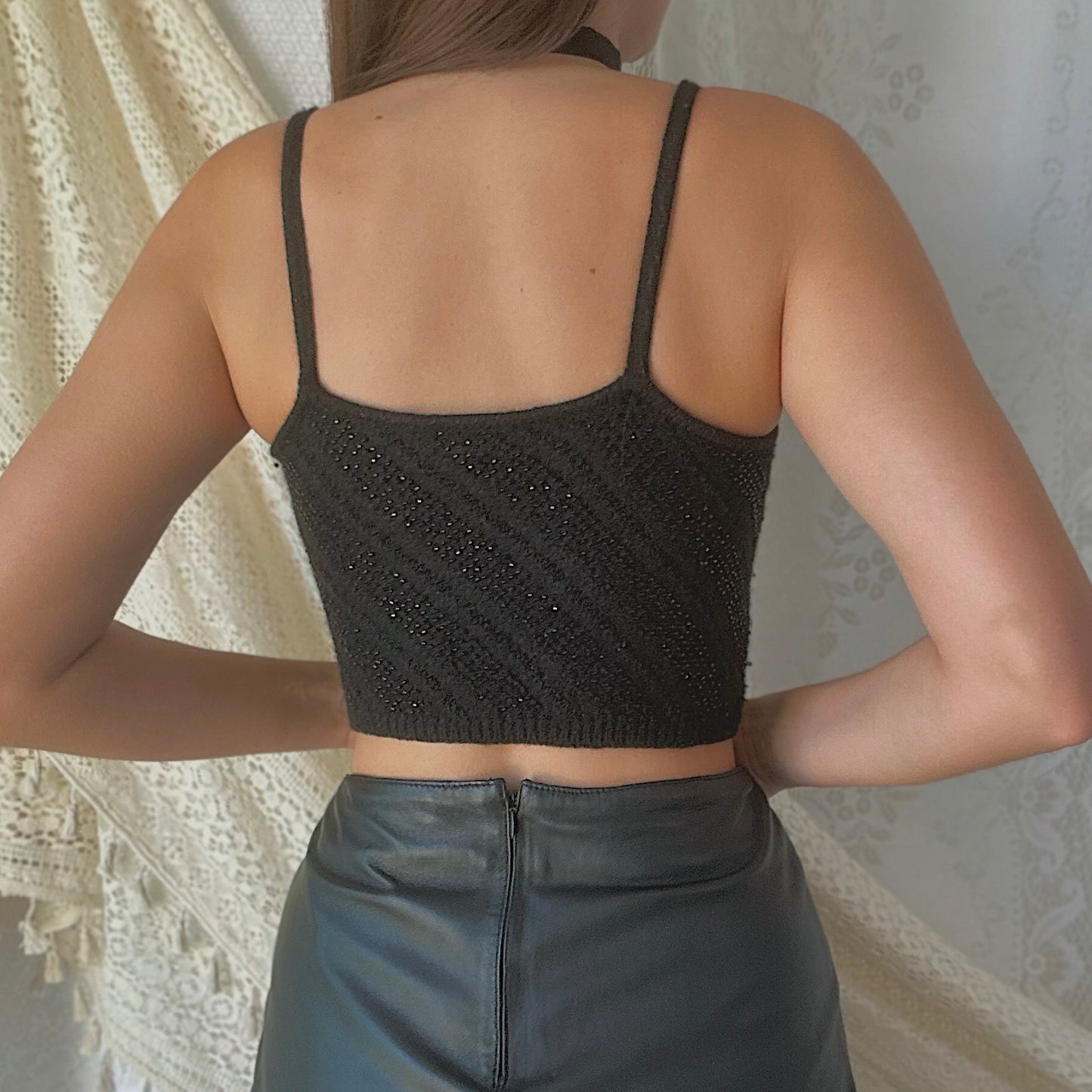 90's Black Knit Beaded Crop Tank / SZ XS
