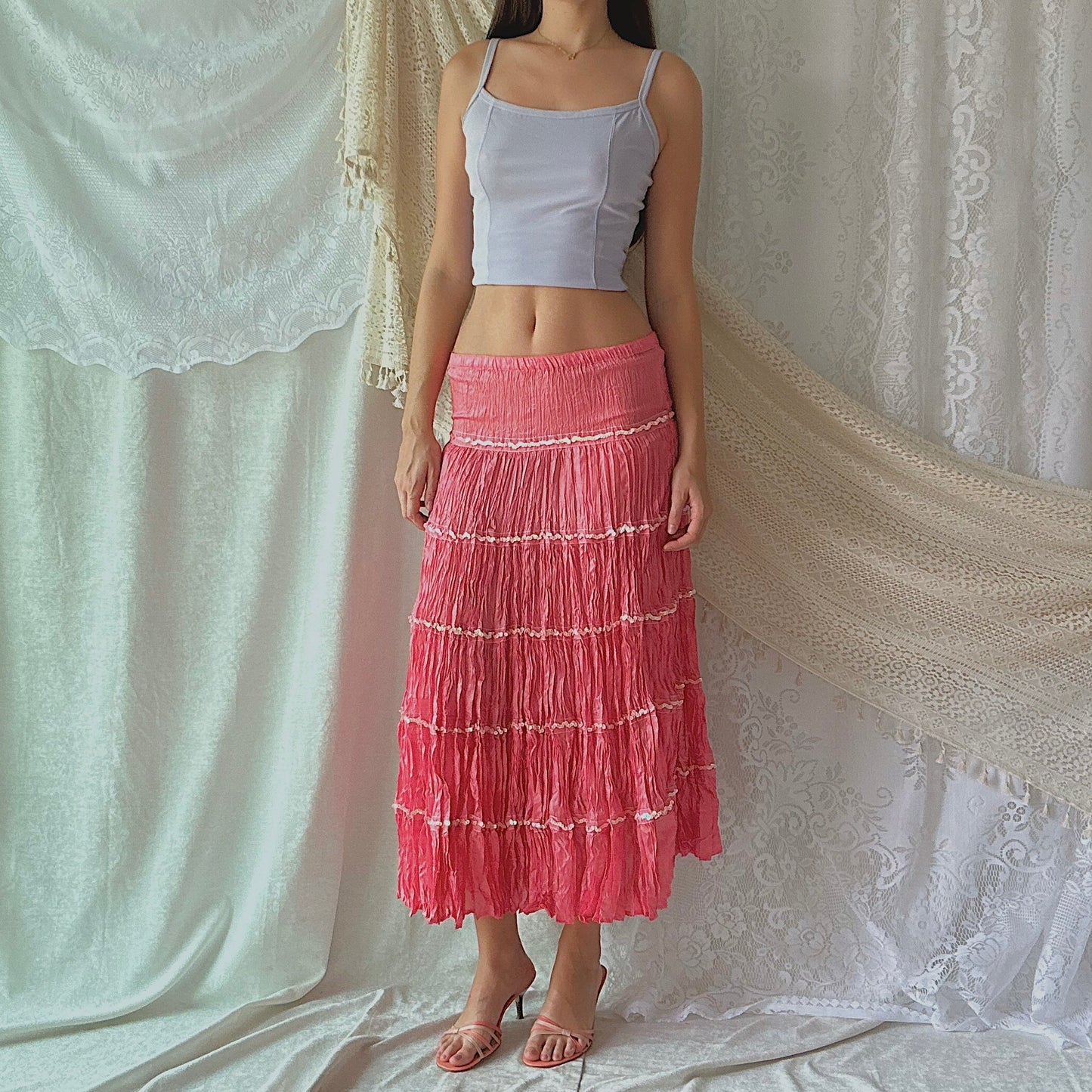 Y2K Hot Pink Crinkle Pleat Maxi Skirt / SZ S-M