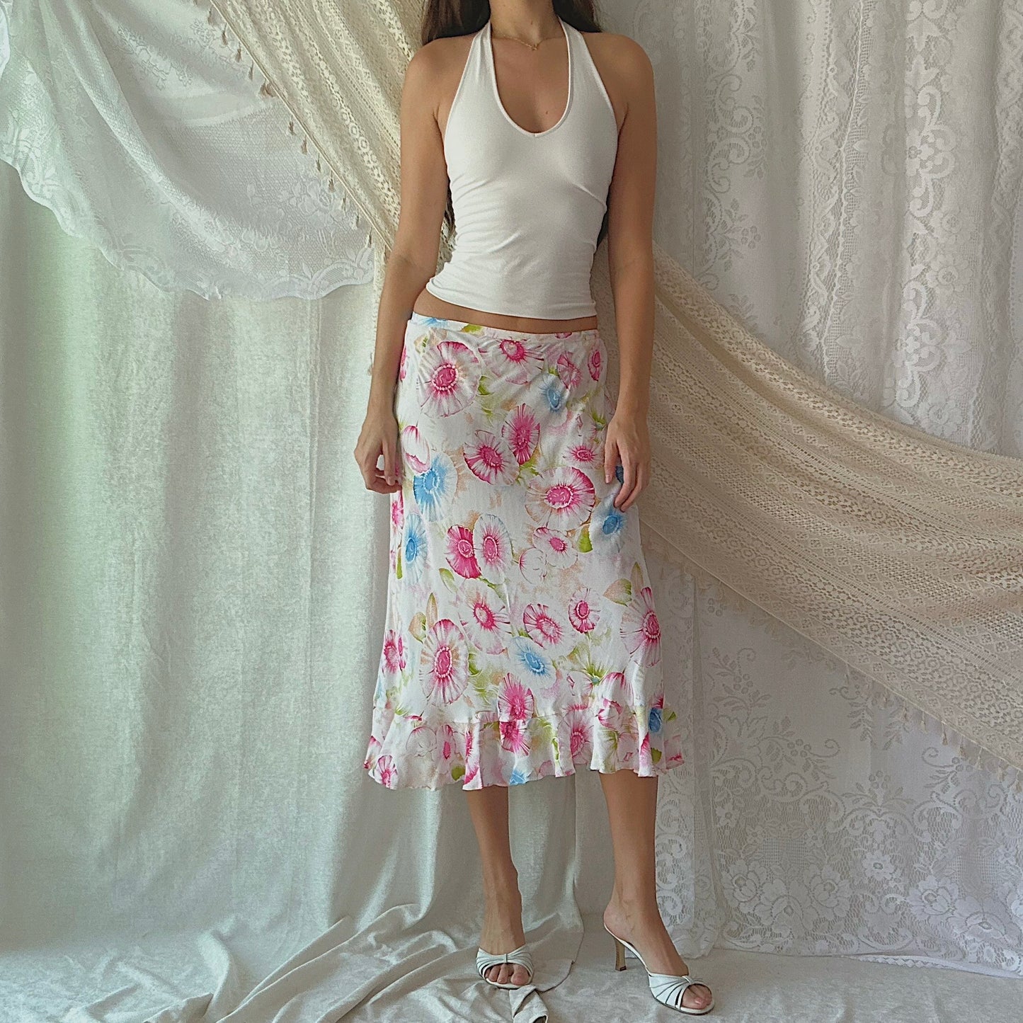 Y2K White & Hot Pink Floral Maxi Skirt / SZ M