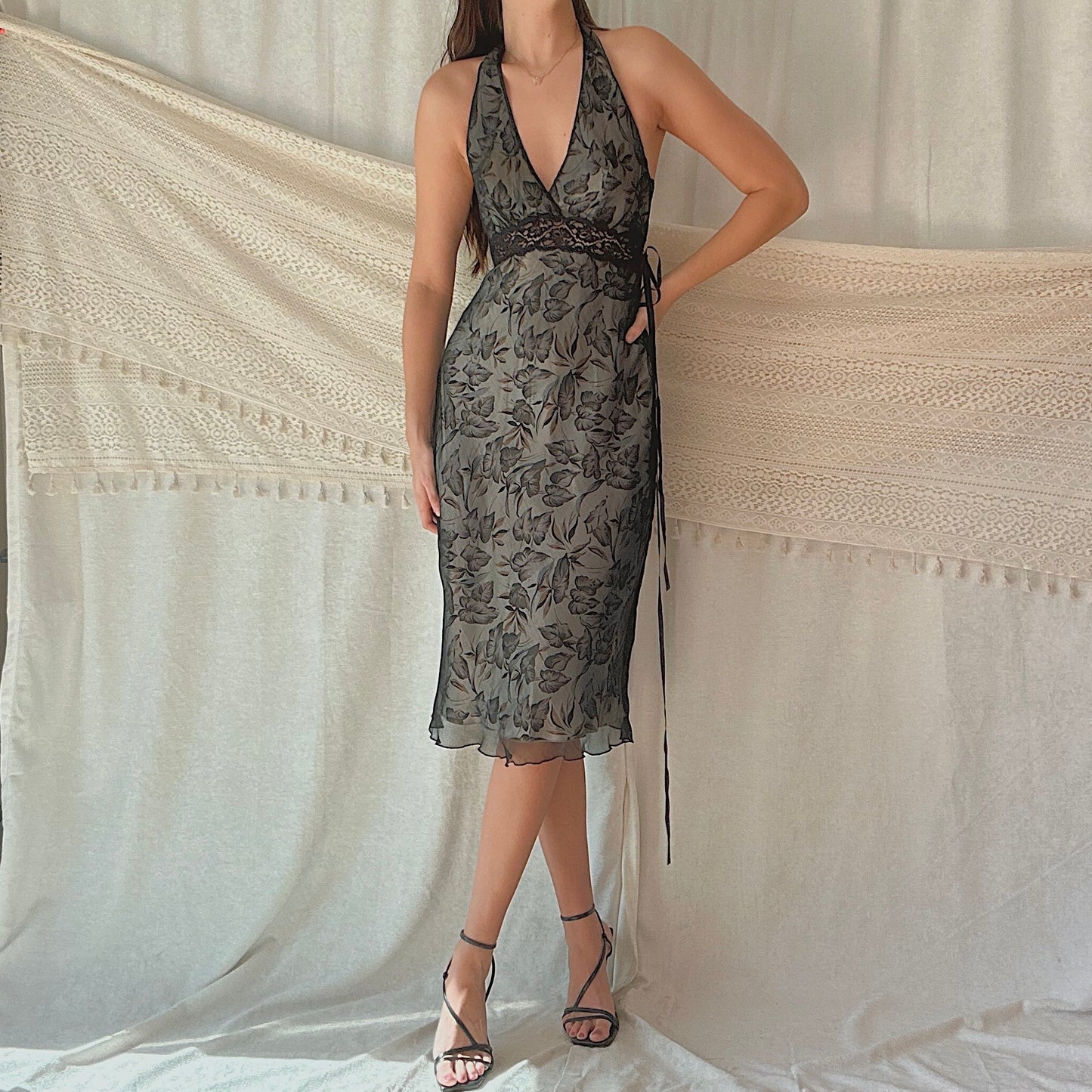 Y2K Laundry Black Silk Printed Halter Dress / SZ 2