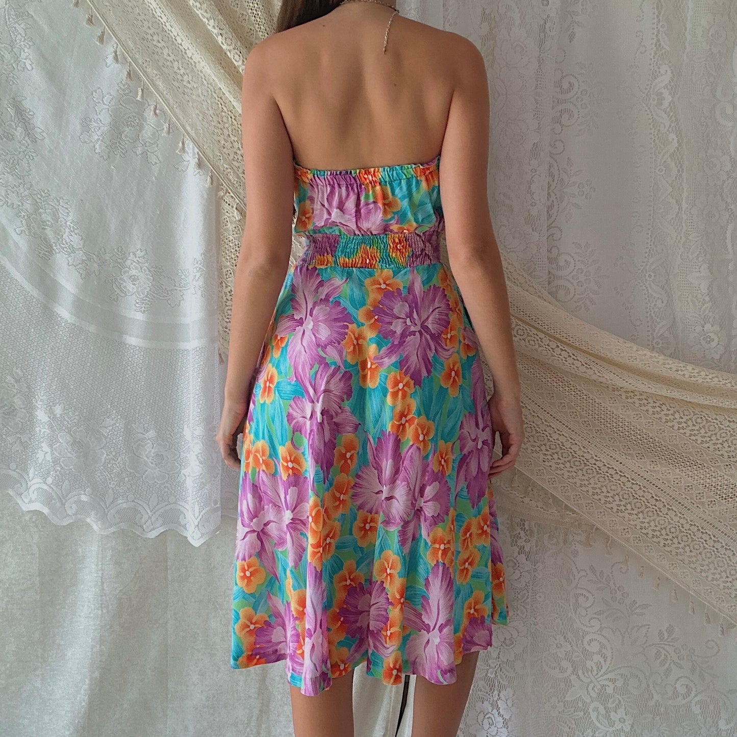 70's Purple Tropical Tube Midi Dress / SZ S