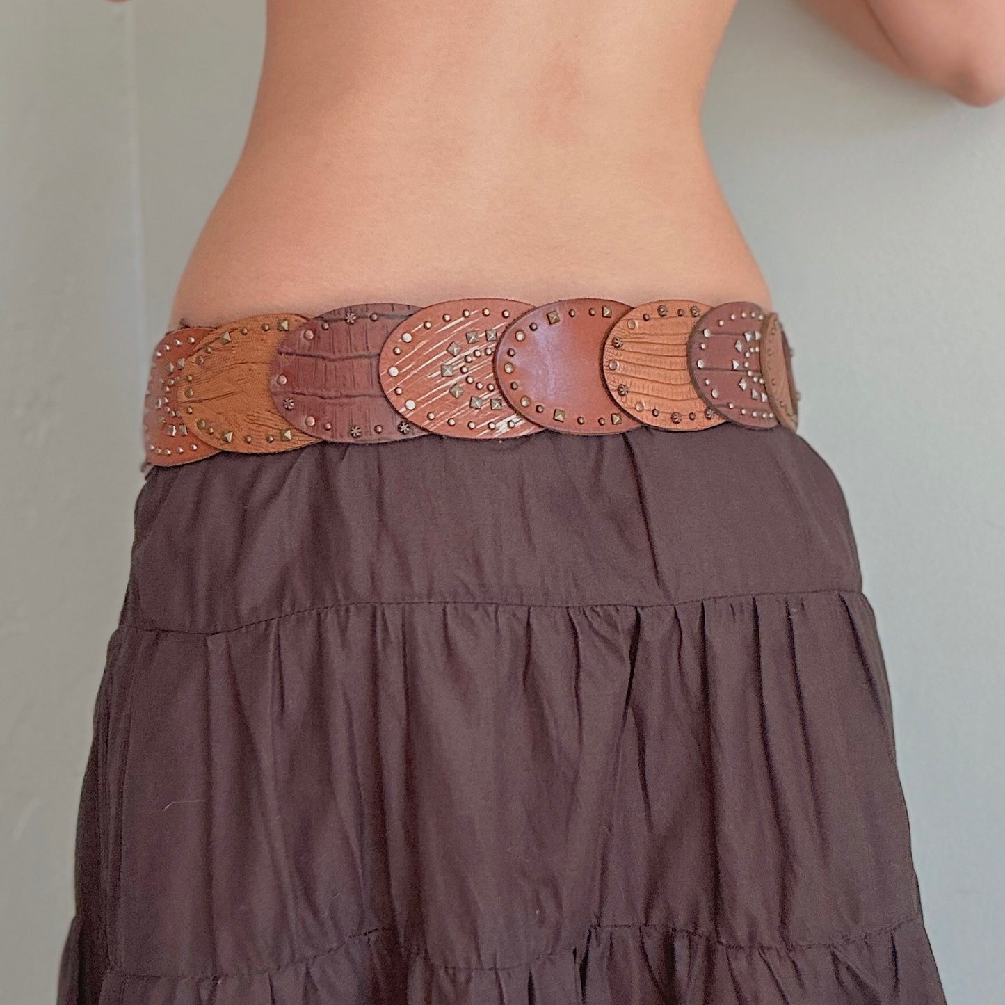 Y2K Fossil Brown Leather Studded Belt / SZ M