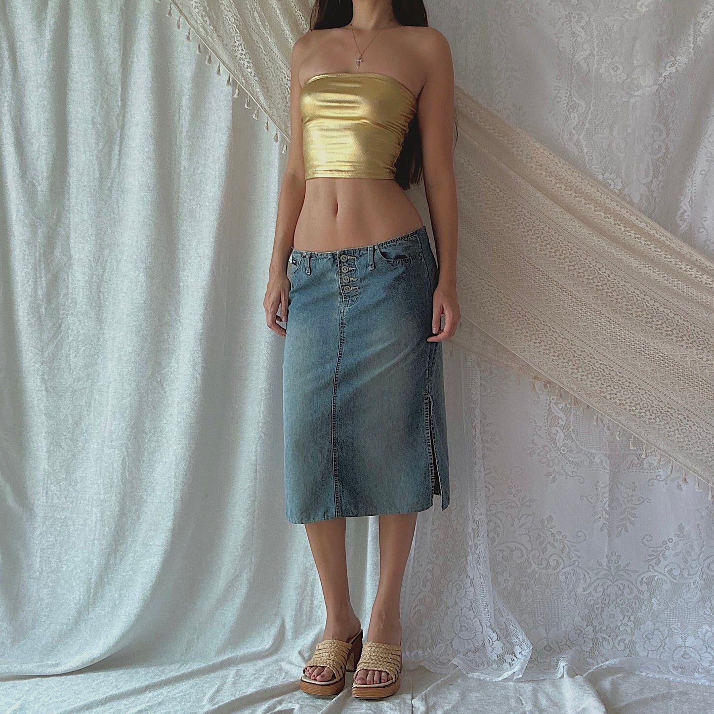 Y2K Denim Slit Midi Skirt / SZ L