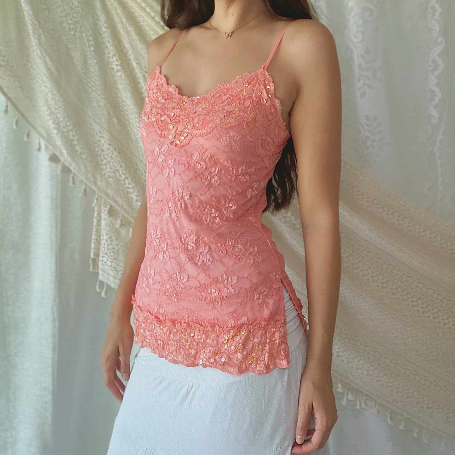Y2K Bubblegum Pink Lace Sequin Tank / SZ M