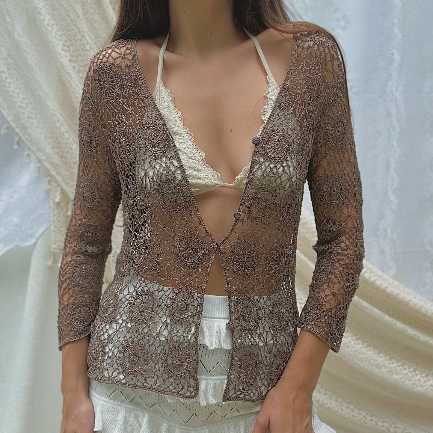 Y2K Dark Taupe Crochet Cardigan / SZ M