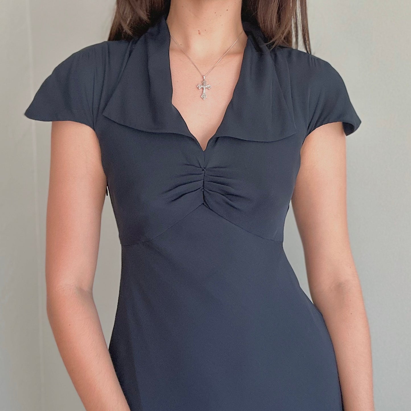 Y2K Navy Silk Collared Midi Dress / SZ 2