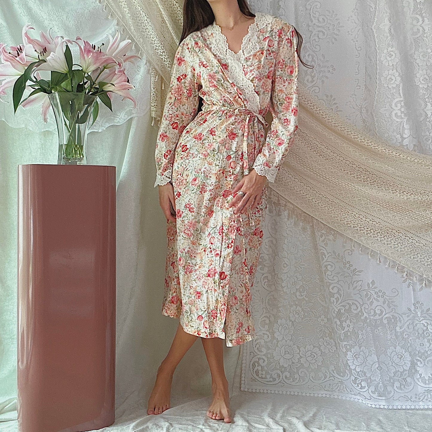 80's Cream & Pink Floral Cotton Robe / One Size