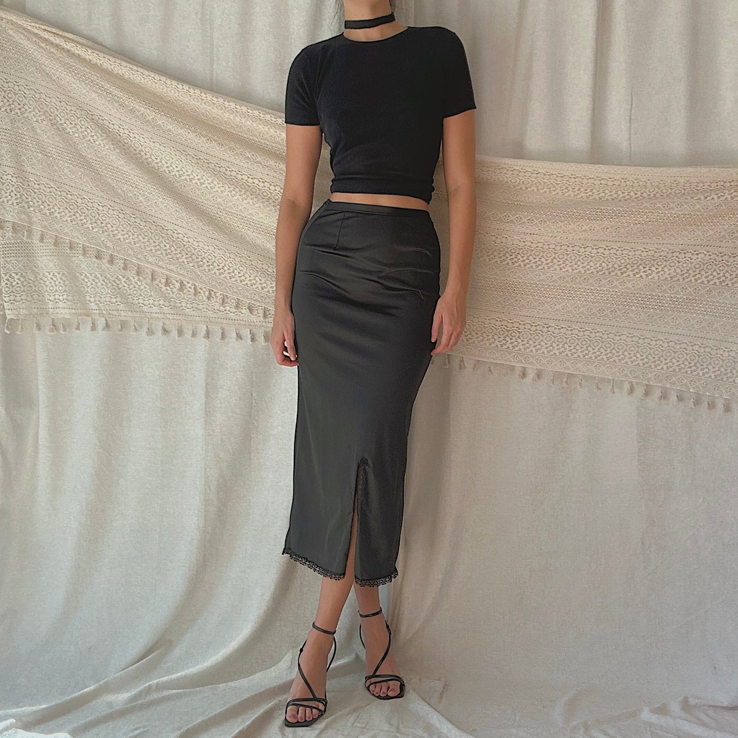 80's Black Maxi Slip Skirt / SZ XS-S