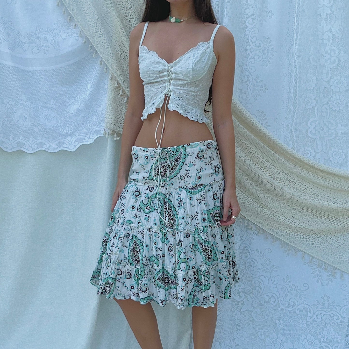 Y2K Turquoise & Brown Floral Midi Skirt / SZ M-L