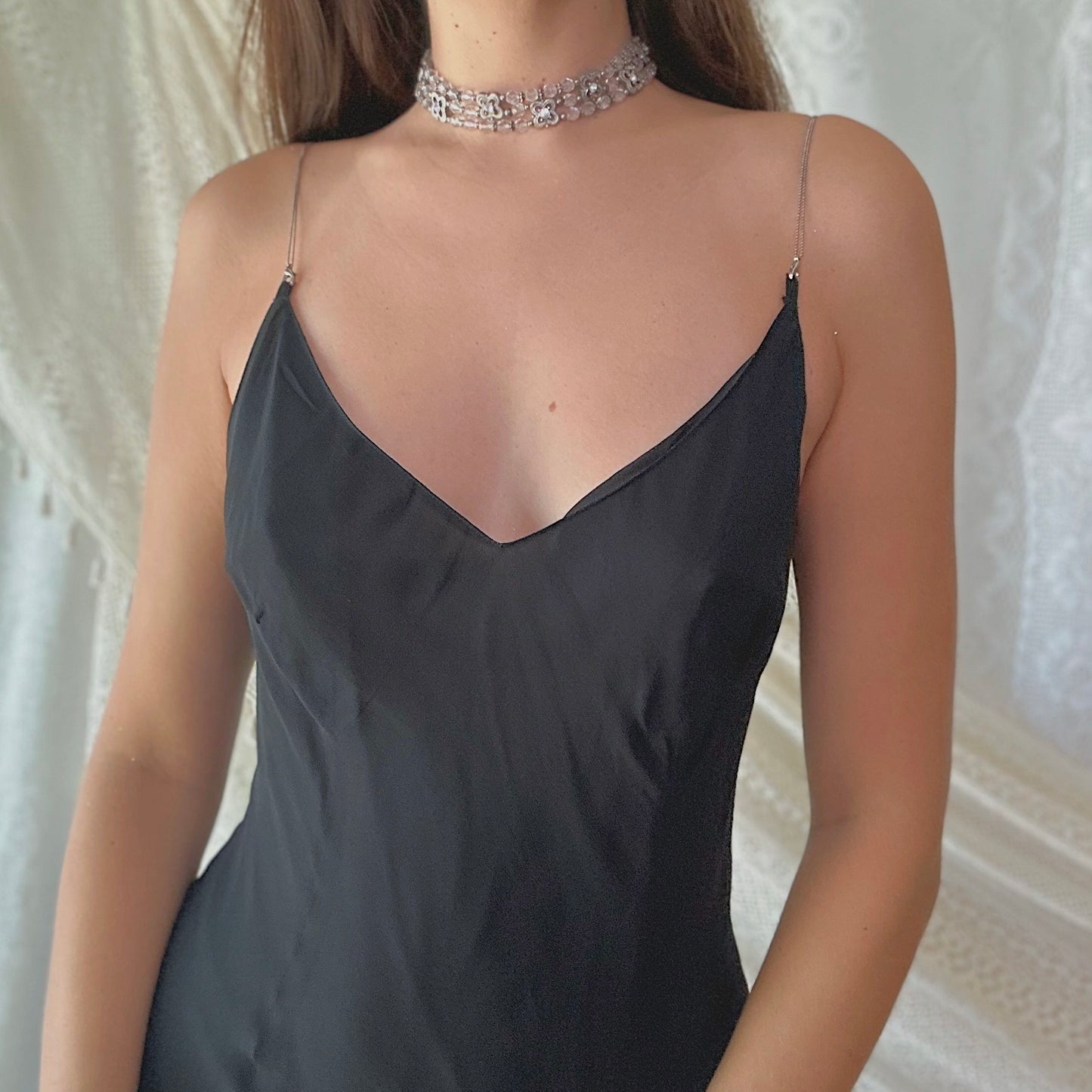 Italian Black Silk Midi Dress / SZ M