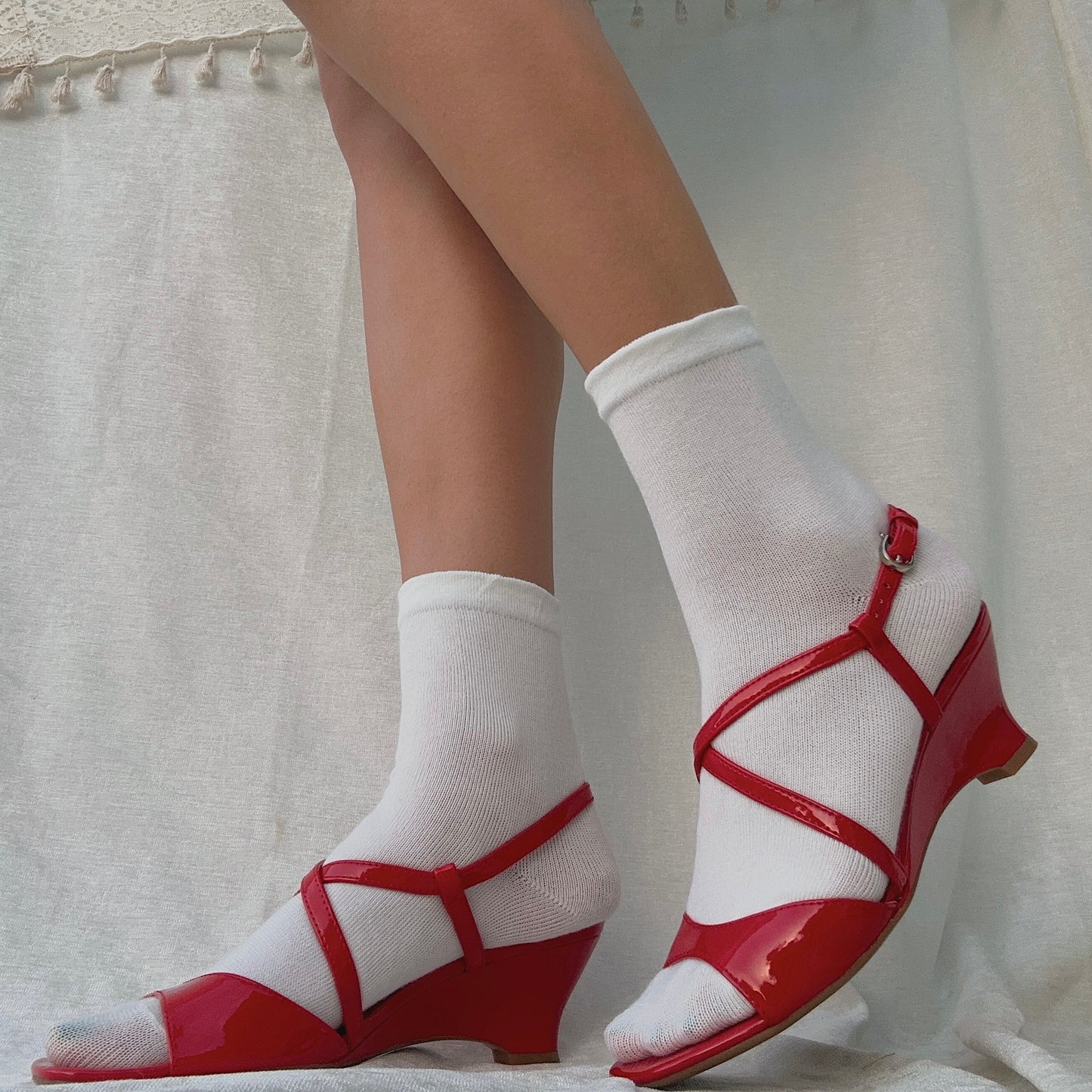 Y2K Red Patent Leather Wedge Sandals / SZ 7.5