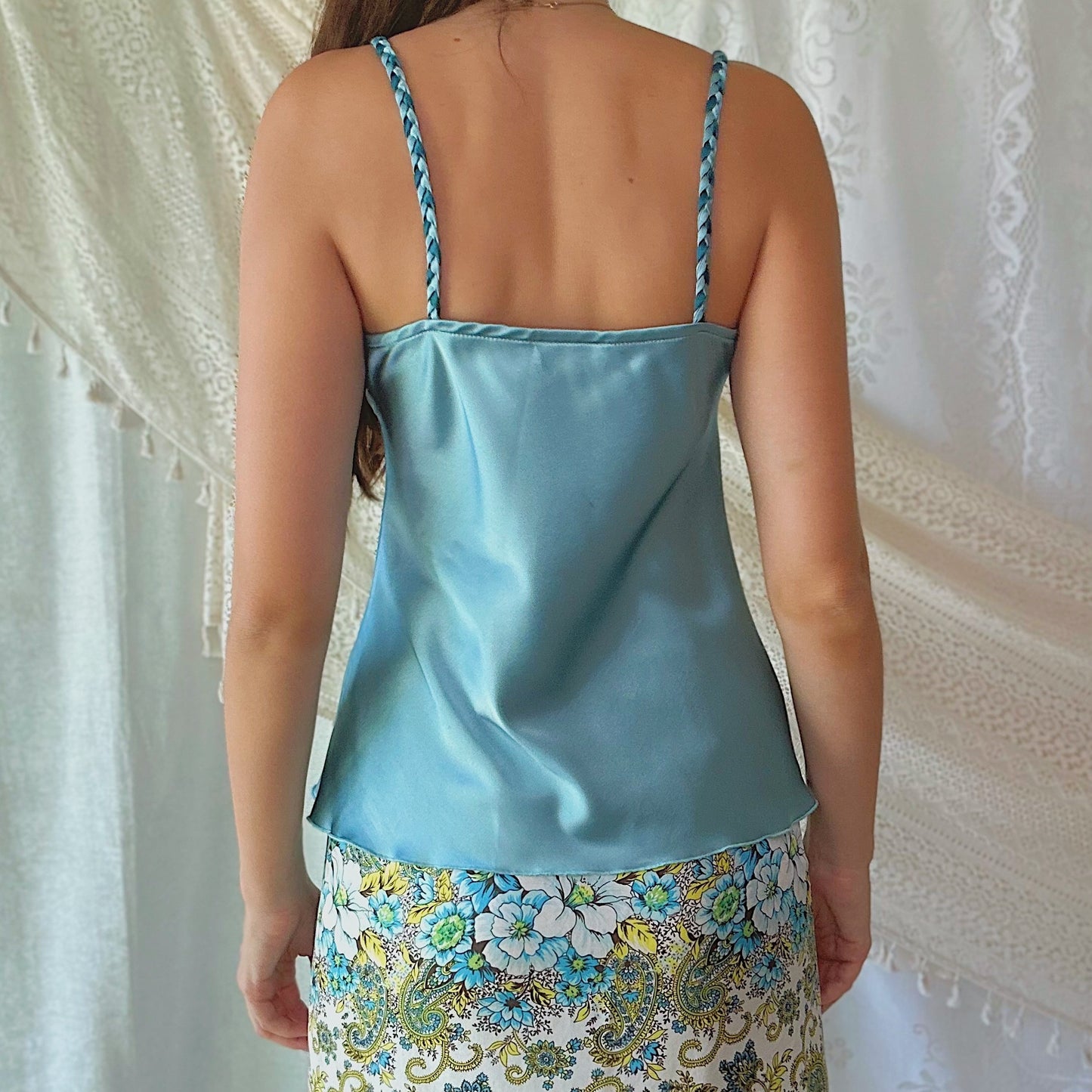 Y2K Turquoise Satin Braided Tank / SZ M