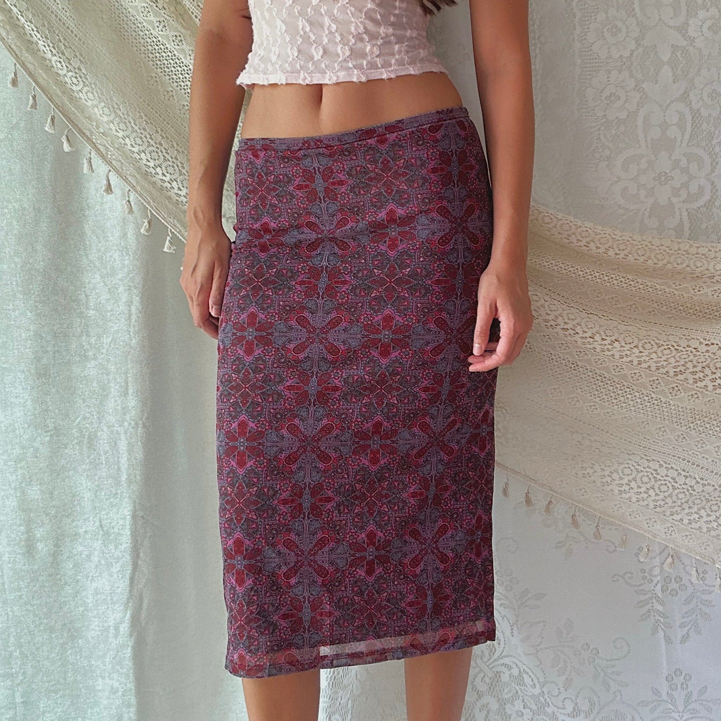90's Maroon Printed Mesh Midi Skirt / SZ S-M