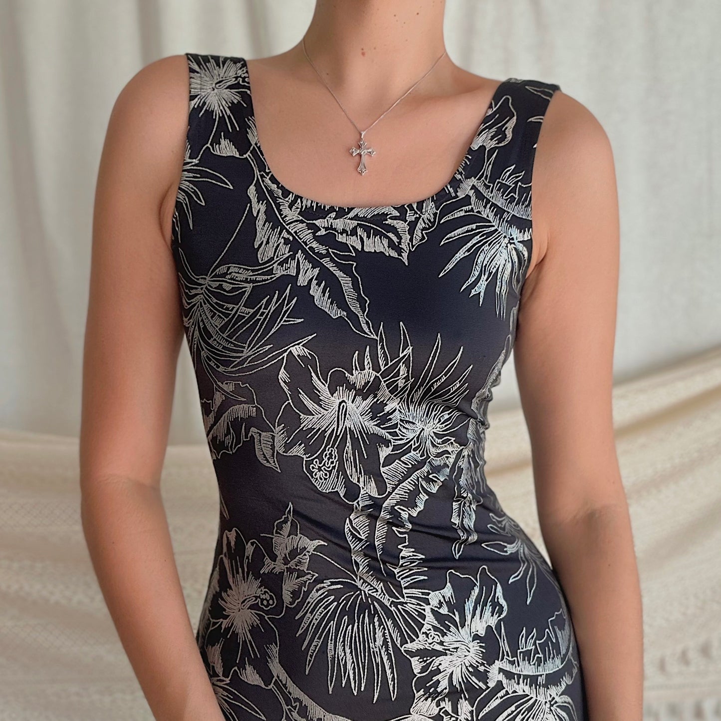 90's Venus Black & Silver Tropical Mini Dress / SZ S