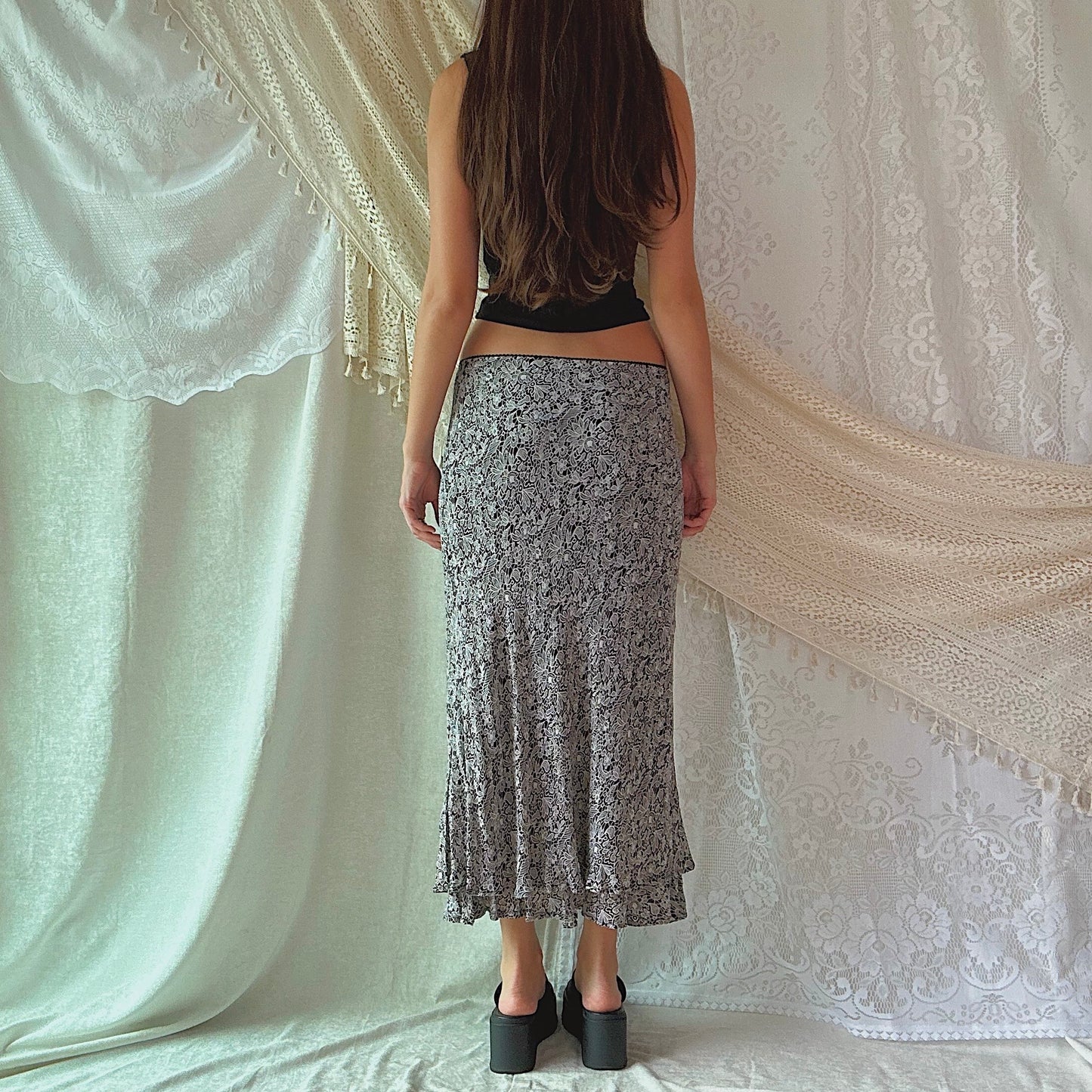 Y2K B&W Printed Rayon Maxi Skirt / SZ M/L
