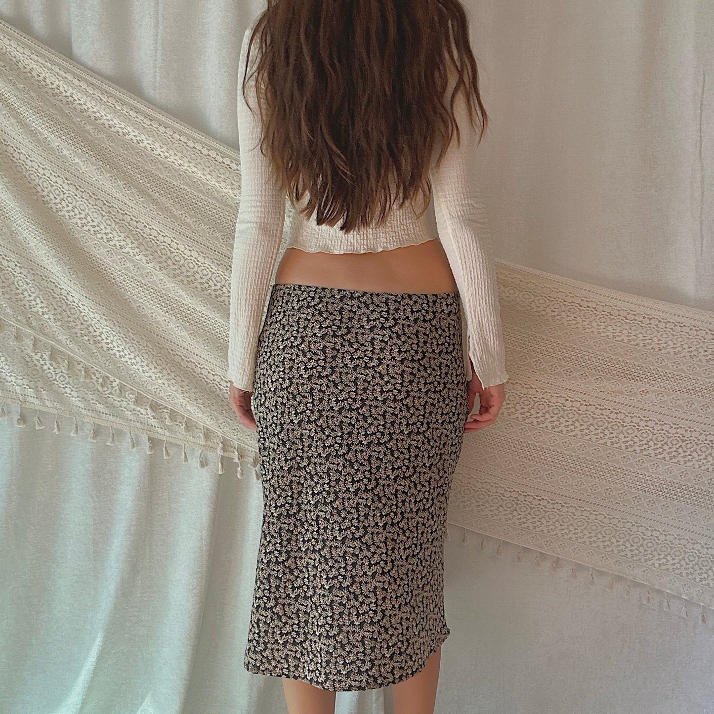 Y2K Black & Tan Floral Midi Skirt / SZ M-L