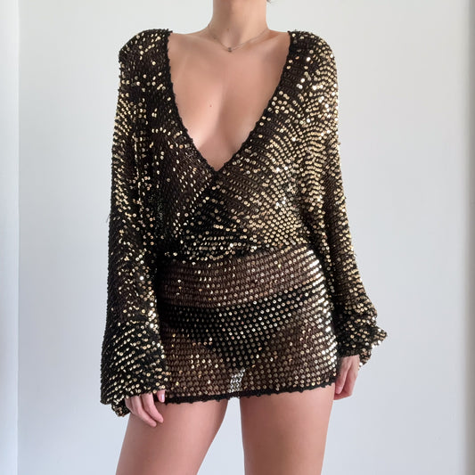 Retrofête Black & Gold Sequin Knit Disco Dress / SZ XS/S