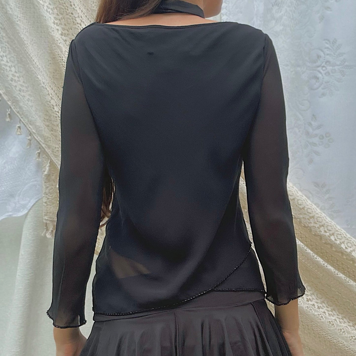 90's Black Silky Beaded Top / SZ S