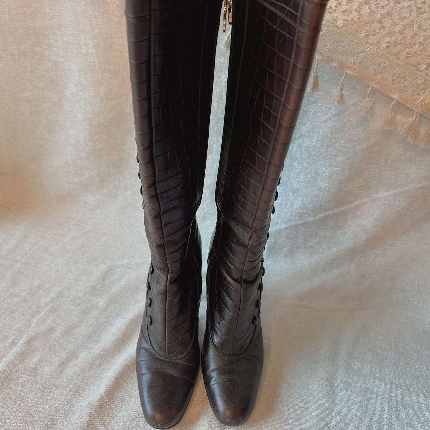 Valentino Brown Croc Victorian Style Boots / SZ 8.5