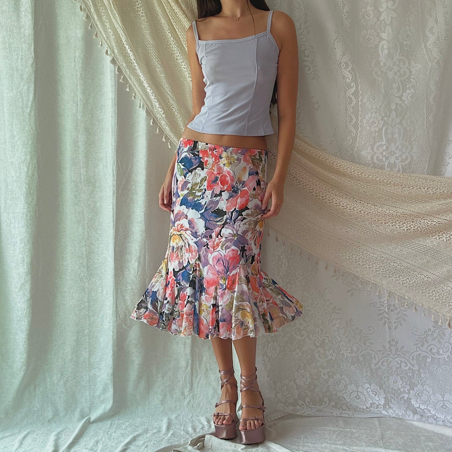 Y2K Purple & Pink Floral Midi Skirt / SZ M