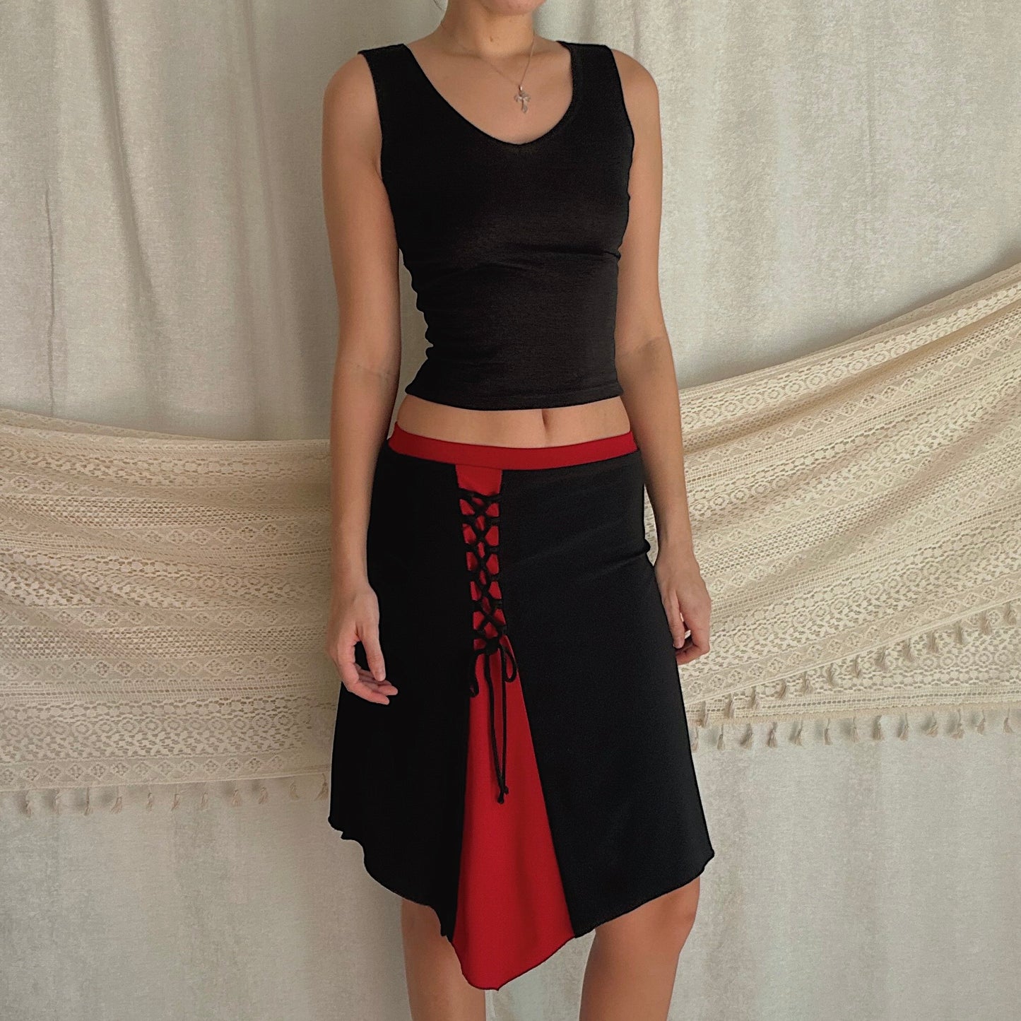 Y2K Black & Red Lace Up Midi Skirt / SZ S