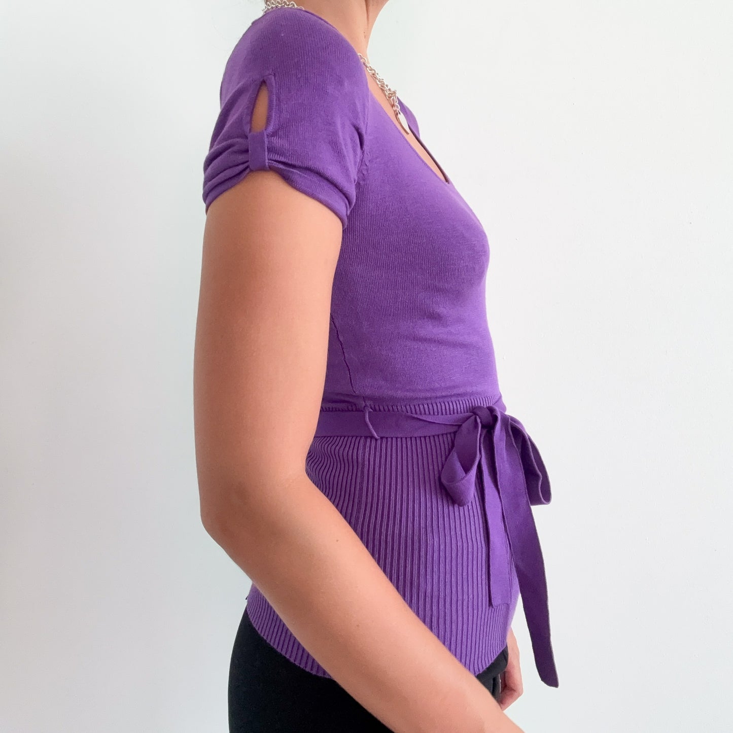 Y2K Purple Knit Puff Sleeve Tie Top / SZ S