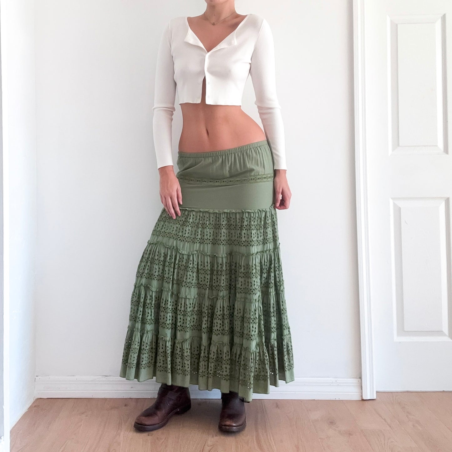 Y2K Fern Green Cotton Eyelet Maxi Skirt / SZ M