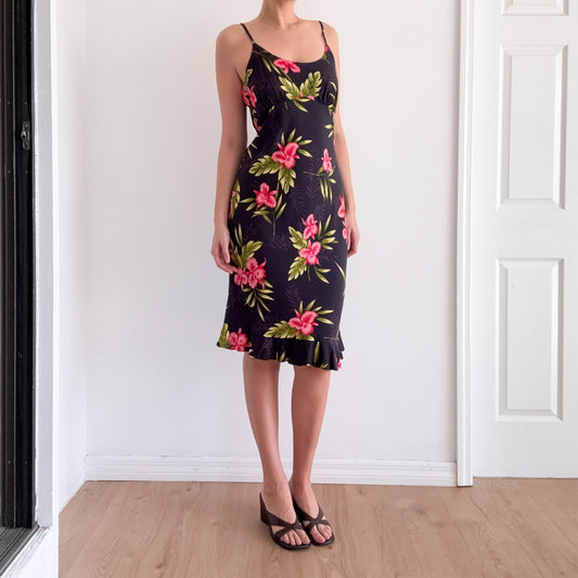 Y2K Dark Blue & Pink Tropical Midi Dress / SZ M