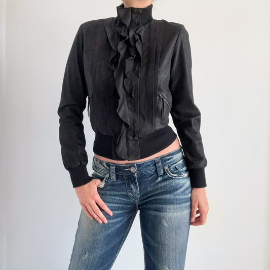 Y2K Black Suede Ruffle Bomber Jacket / SZ 4