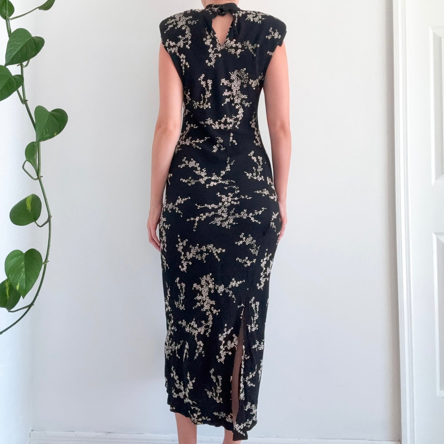 90's Black & Cream Floral Mandarin Collar Dress / SZ M