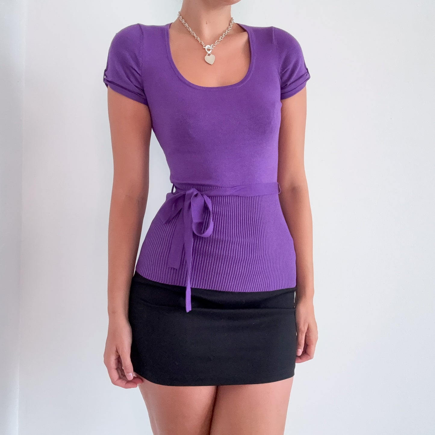 Y2K Purple Knit Puff Sleeve Tie Top / SZ S
